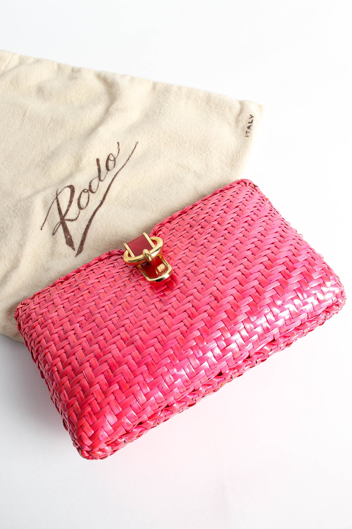 Vintage Rodo Woven Straw Shoulder Clutch flat with dust bag @ Recess Los Angeles