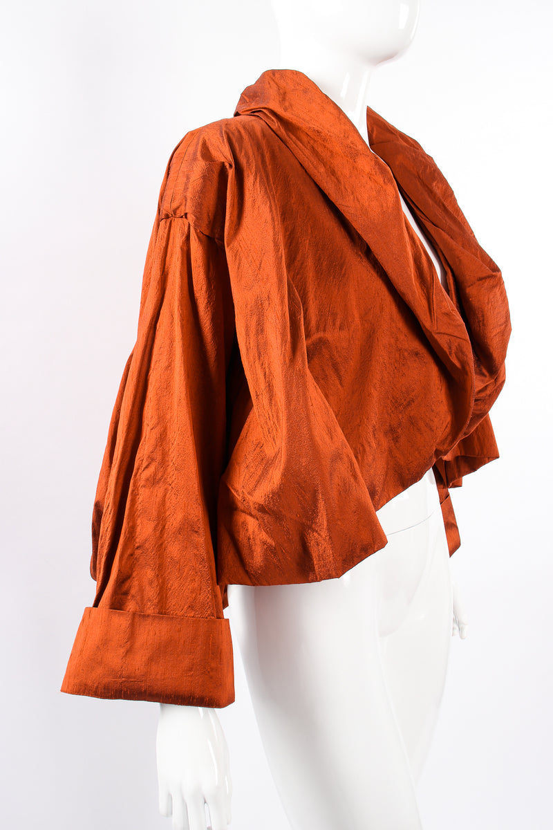 Vintage Romeo Gigli Rust Cropped Silk Dupioni Bubble Jacket on mannequin angle at Recess LA