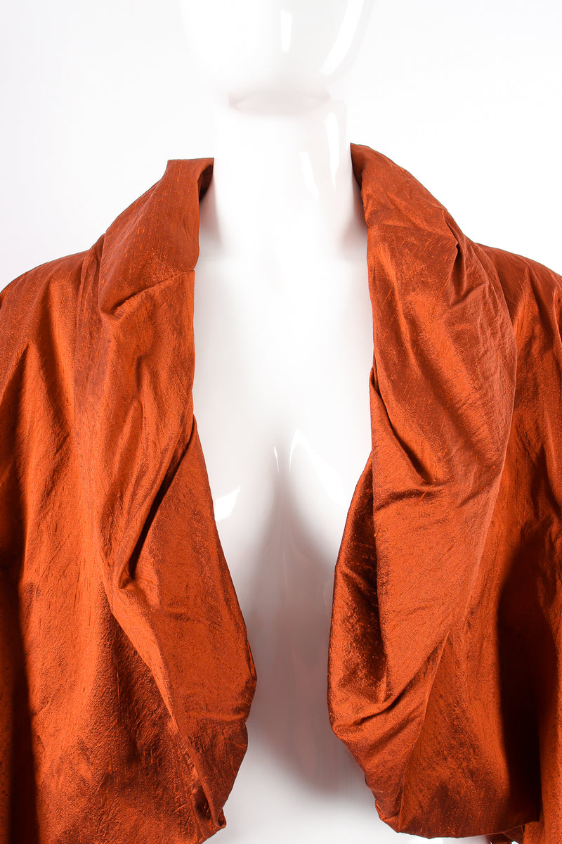 Vintage Romeo Gigli Rust Cropped Silk Dupioni Bubble Jacket on mannequin collar at Recess LA