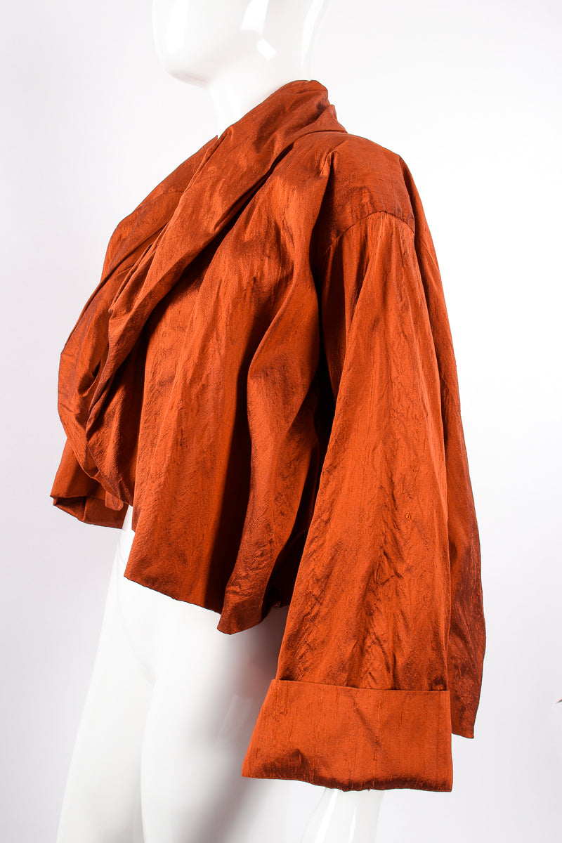 Vintage Romeo Gigli Rust Cropped Silk Dupioni Bubble Jacket on mannequin angle at Recess LA