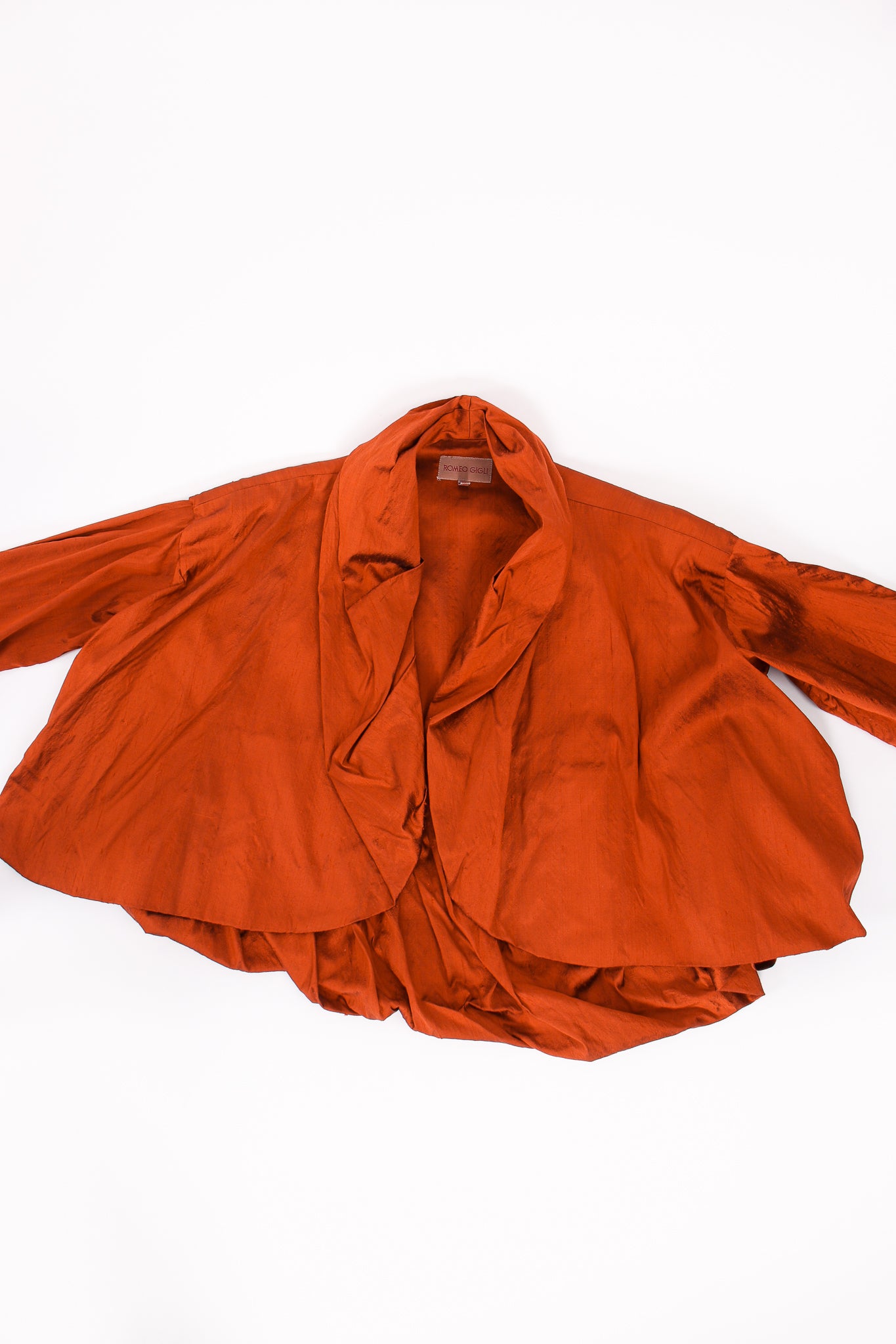 Vintage Romeo Gigli Rust Cropped Silk Dupioni Balloon Jacket flat at Recess LA