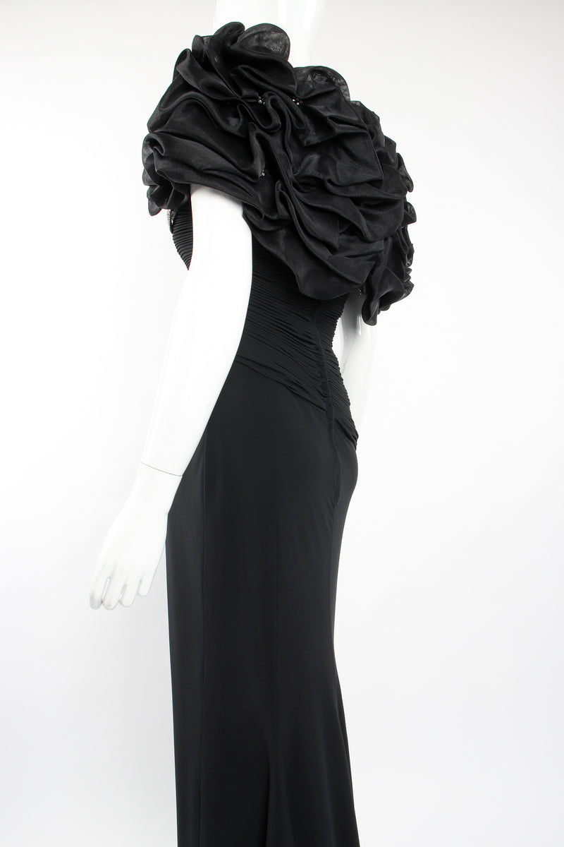 Vintage Rose Taft Ruffle Shoulder Sheath Gown on Mannequin back angle at Recess Los Angeles