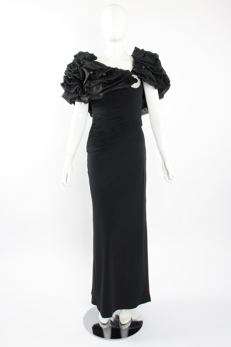 Vintage Rose Taft Ruffle Shoulder Sheath Gown on Mannequin front at Recess Los Angeles