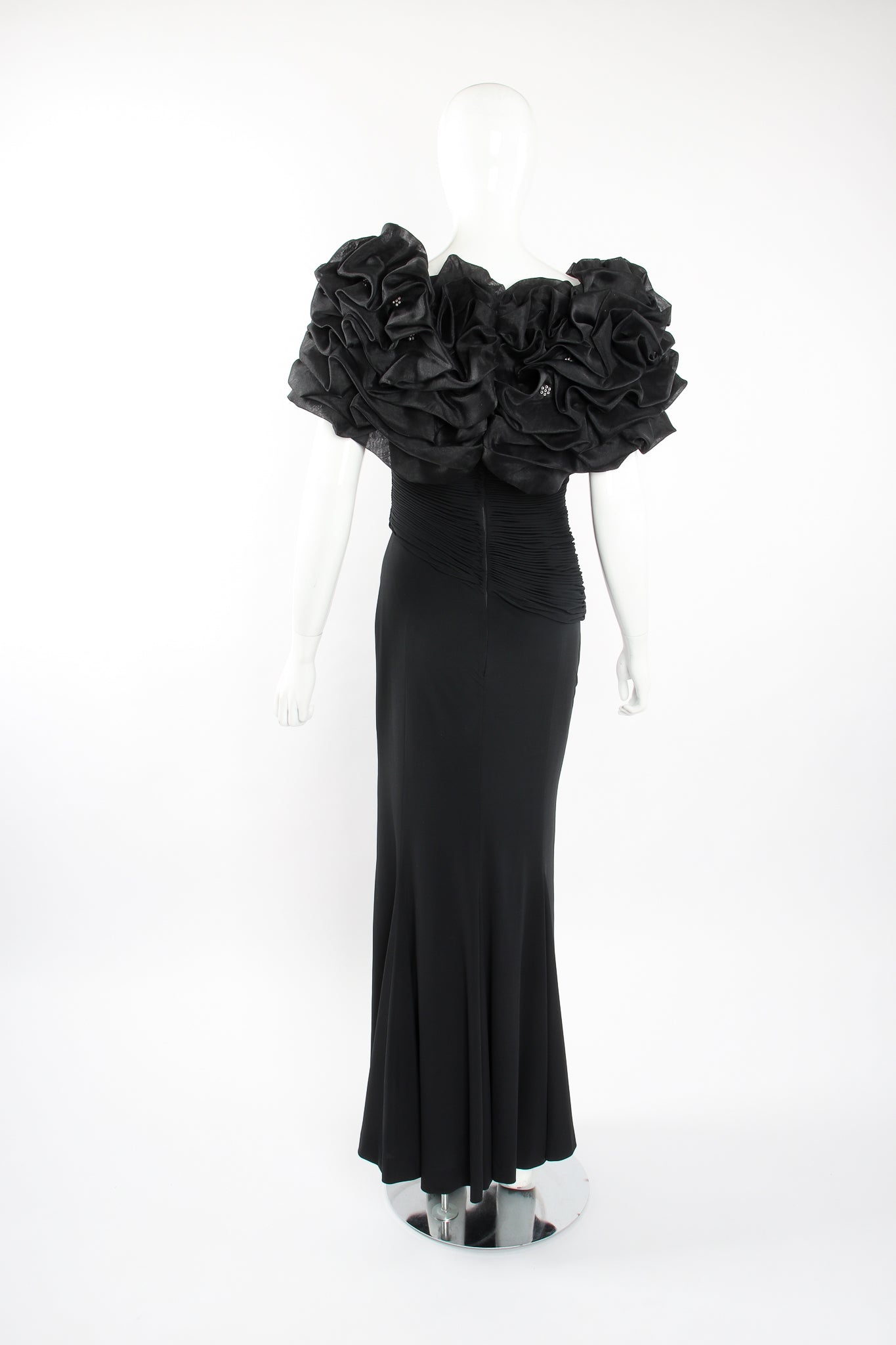 Vintage Rose Taft Ruffle Shoulder Sheath Gown on Mannequin back at Recess Los Angeles
