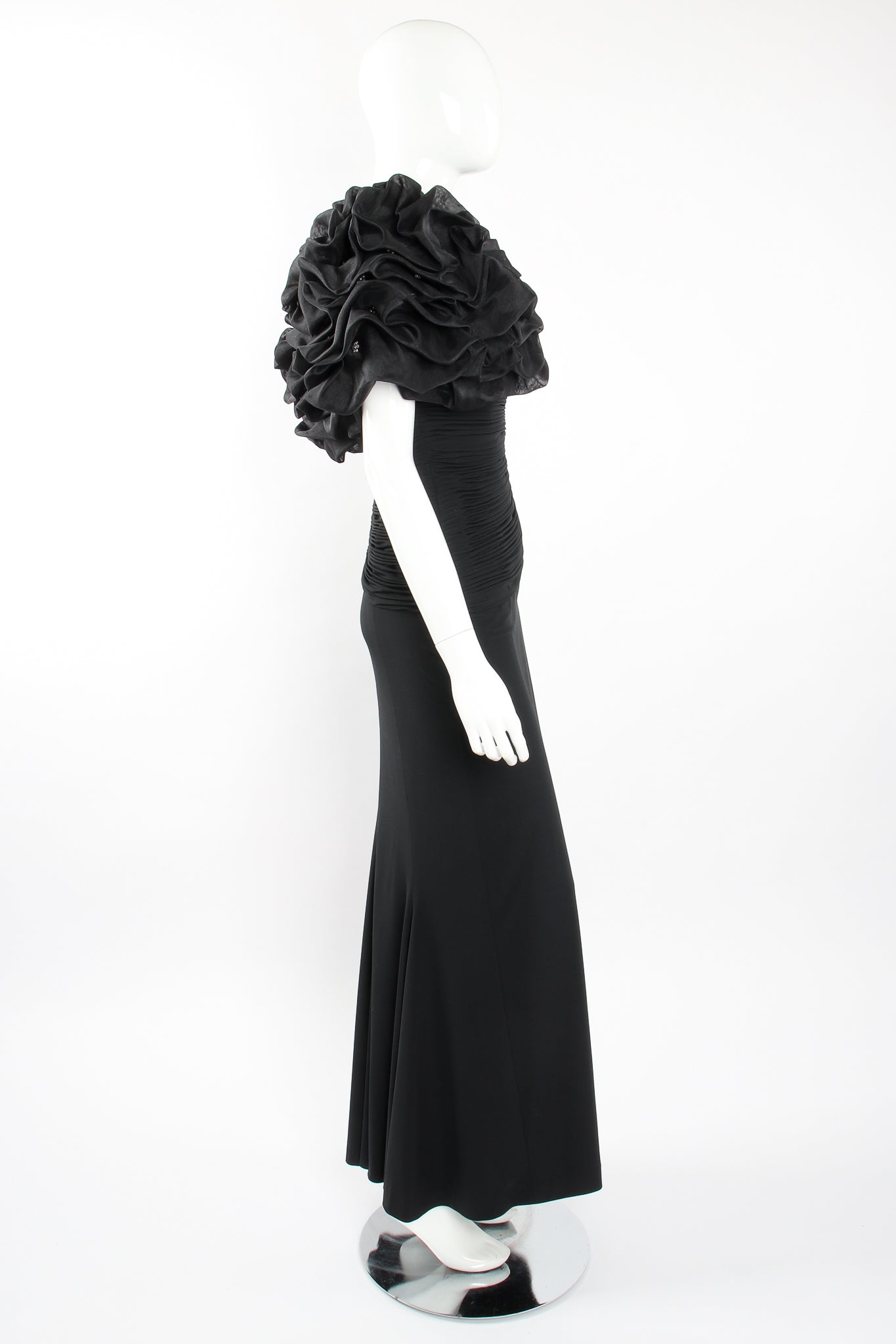 Vintage Rose Taft Ruffle Shoulder Sheath Gown on Mannequin side at Recess Los Angeles