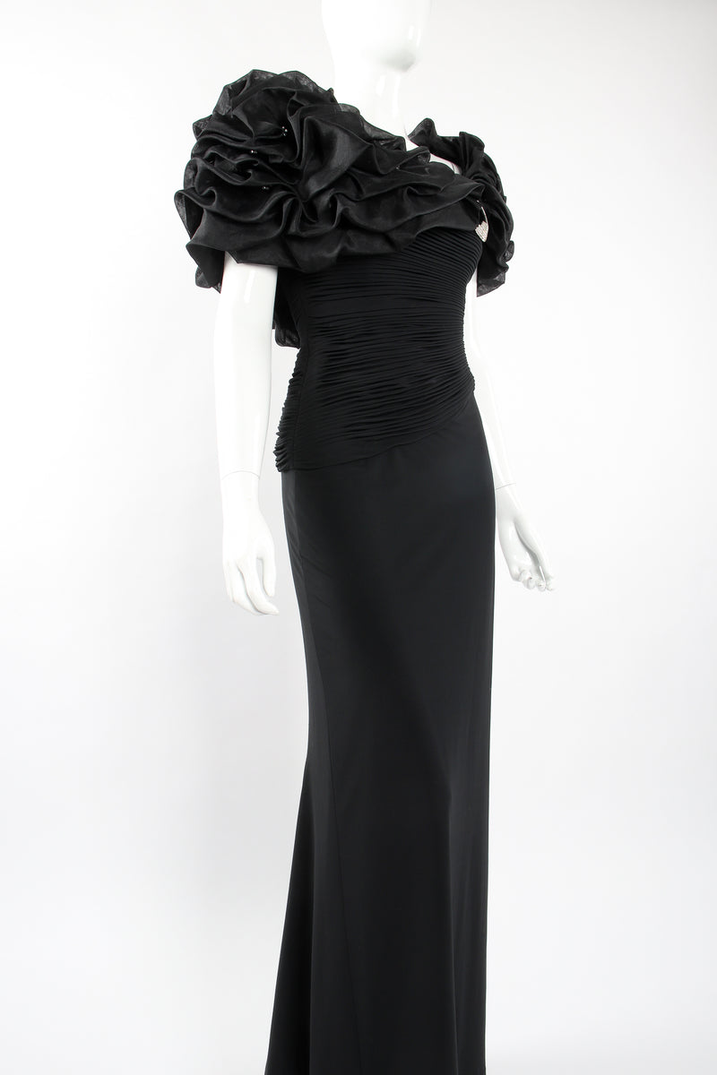 Vintage Rose Taft Ruffle Shoulder Sheath Gown on Mannequin angle at Recess Los Angeles