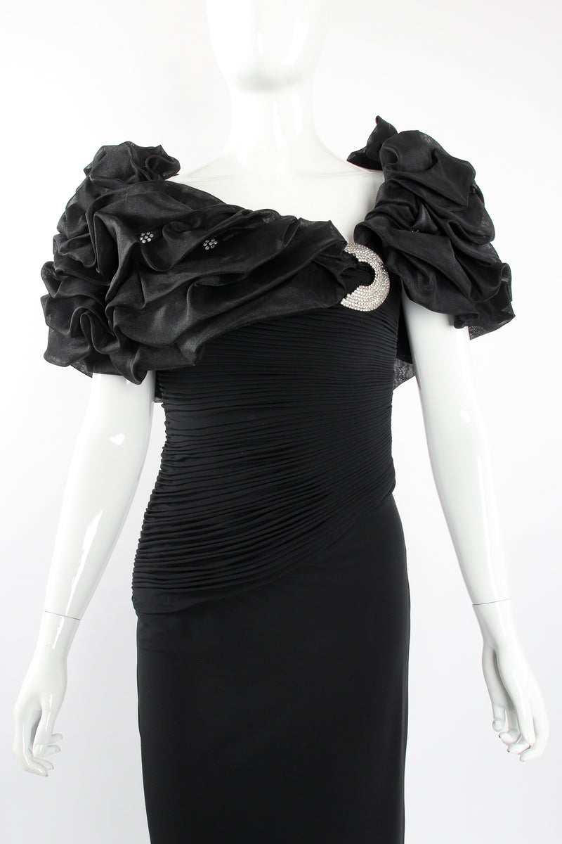 Vintage Rose Taft Ruffle Shoulder Sheath Gown on Mannequin front crop at Recess Los Angeles