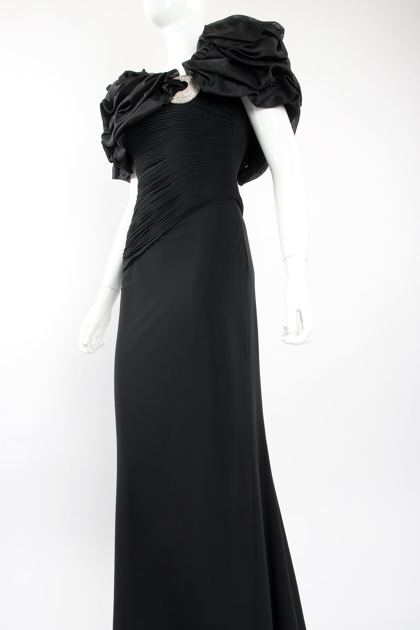 Vintage Rose Taft Ruffle Shoulder Sheath Gown on Mannequin angle at Recess Los Angeles
