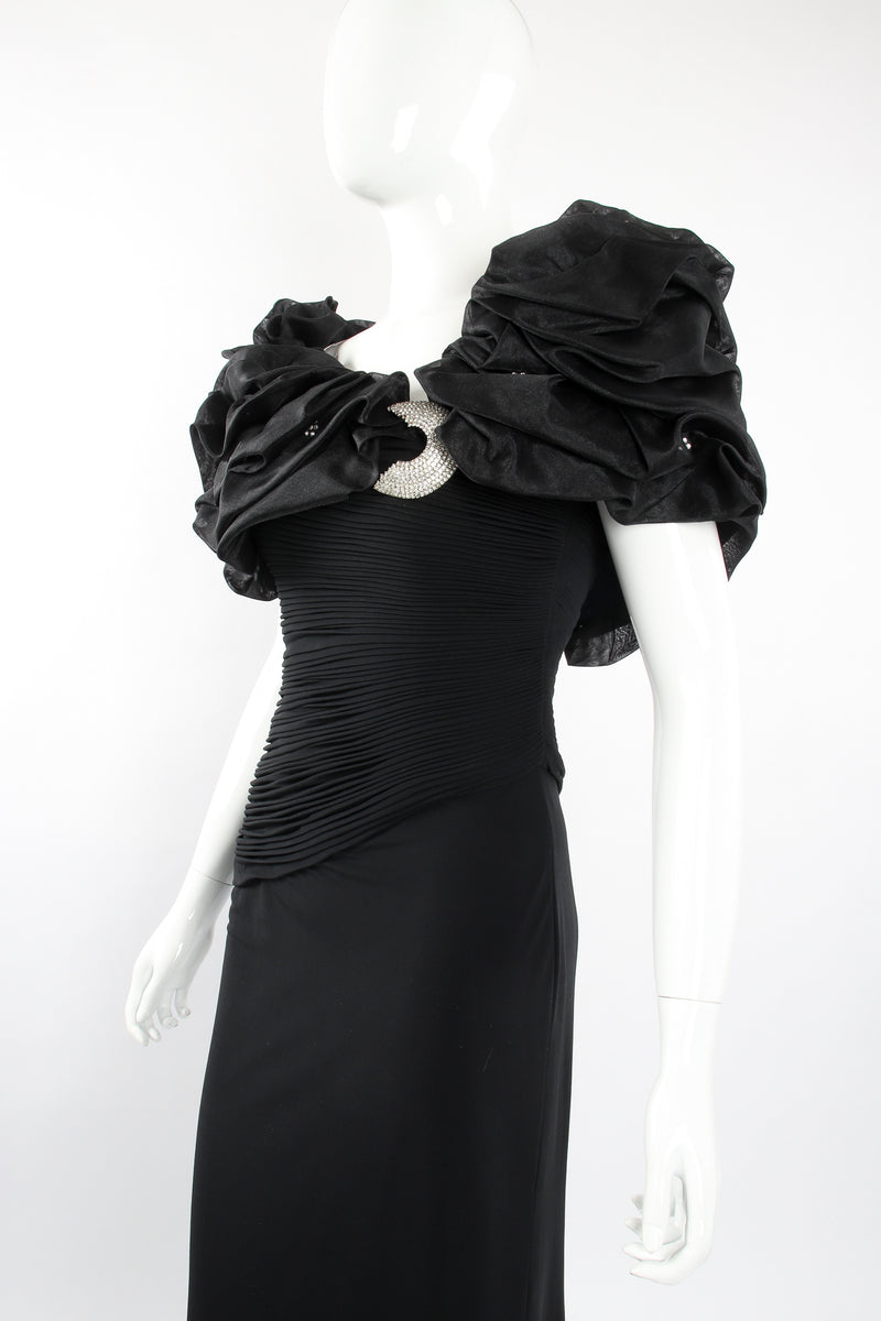 Vintage Rose Taft Ruffle Shoulder Sheath Gown on Mannequin angle crop at Recess Los Angeles