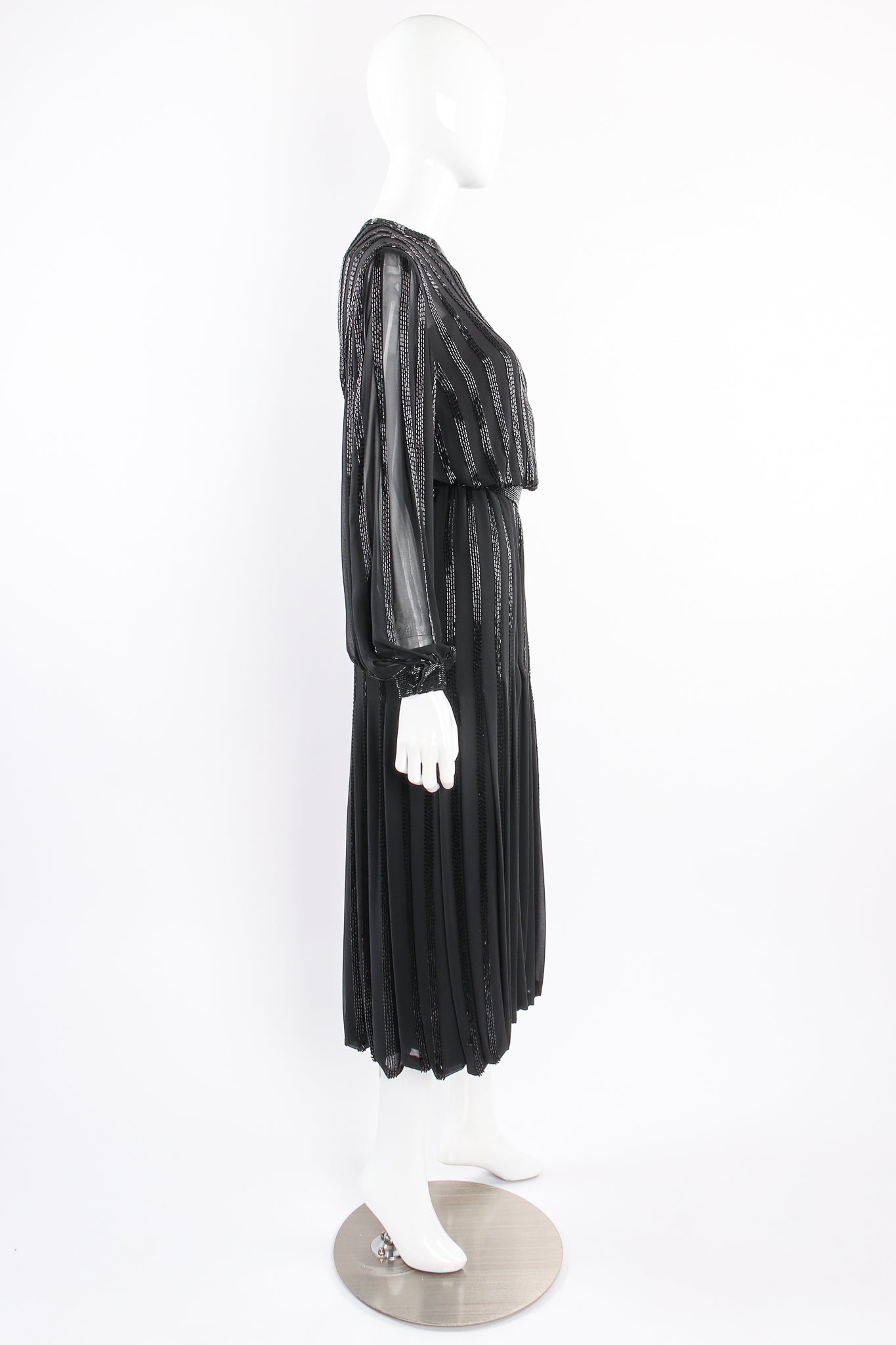 Vintage Ruben Panis Bead Stripe Silk Chiffon Dress on mannequin side at Recess Los Angeles