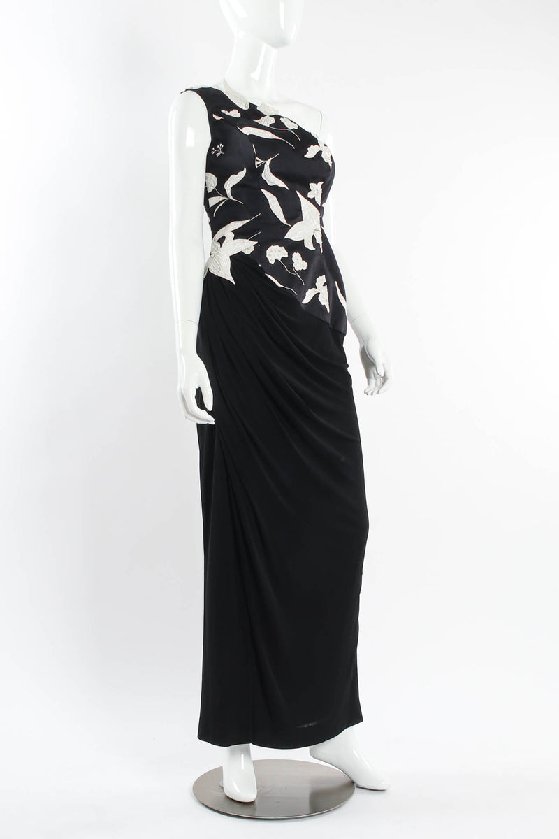 Vintage Ruben Panis Silk Lily Floral Shoulder Dress mannequin angle drape detail @ Recess Los Angeles
