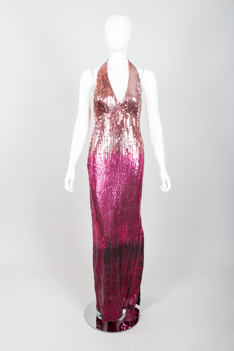 Vintage Ruben Panis Ombré Sequin Halter Gown on Mannequin Front at Recess Los Angeles