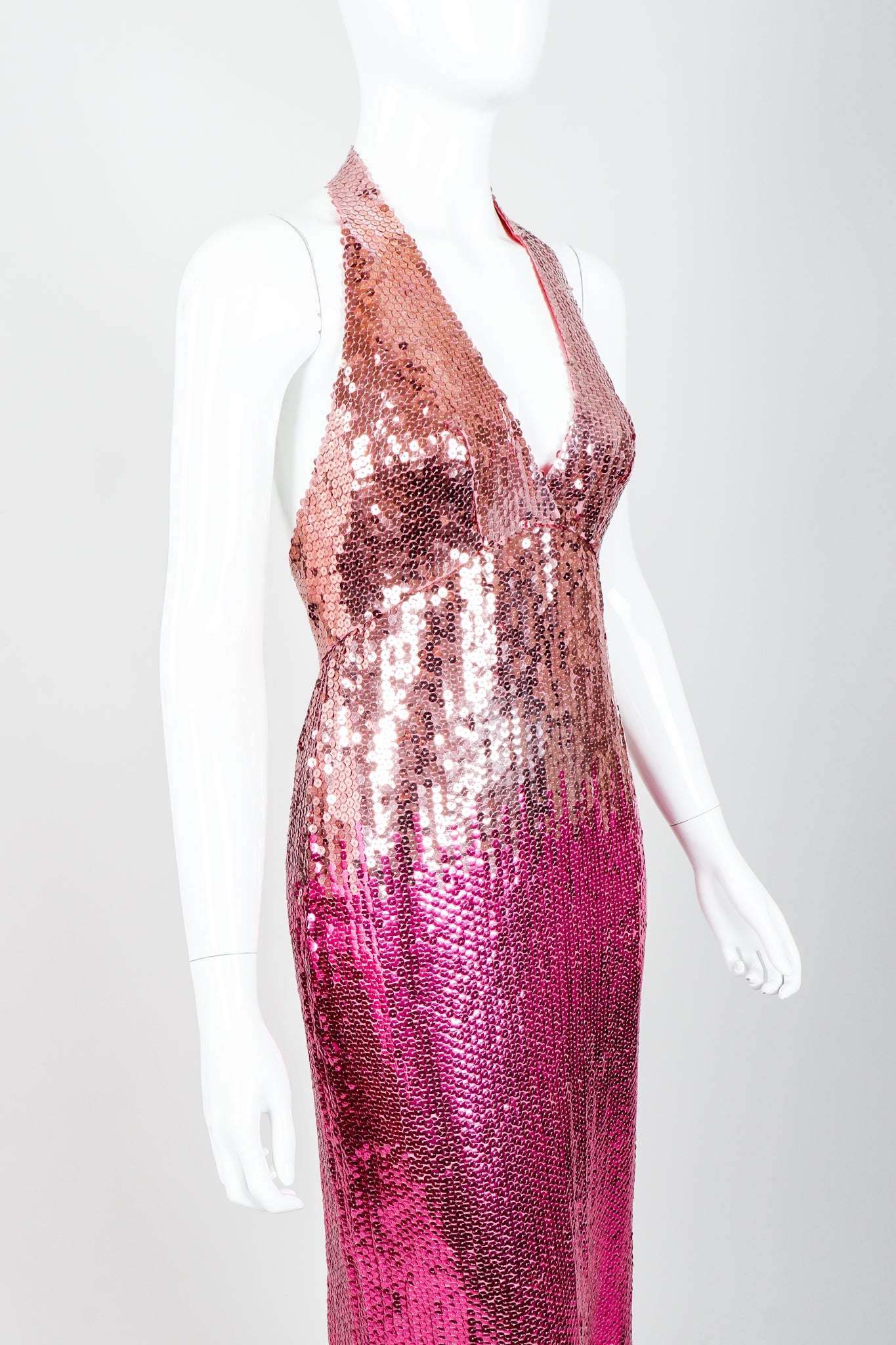 Vintage Ruben Panis Ombré Sequin Halter Gown on Mannequin Angle Crop at Recess Los Angeles