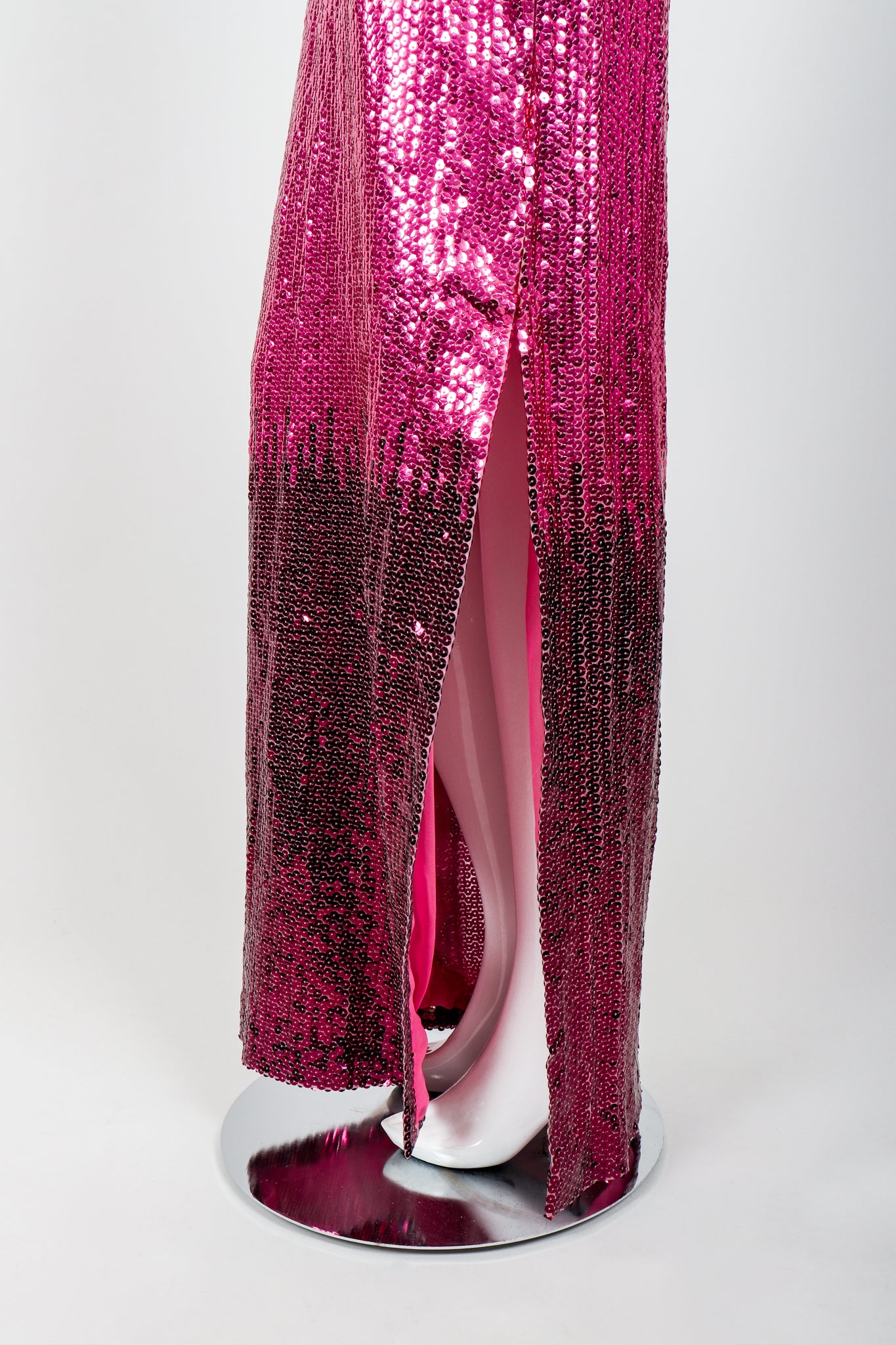 Vintage Ruben Panis Ombré Sequin Halter Gown on Mannequin Skirt Slit at Recess Los Angeles