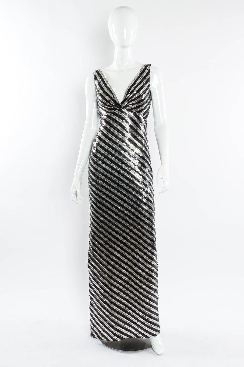 Vintage Ruben Panis Sequin Stripe Bodycon Dress mannequin front @ Recess Los Angeles