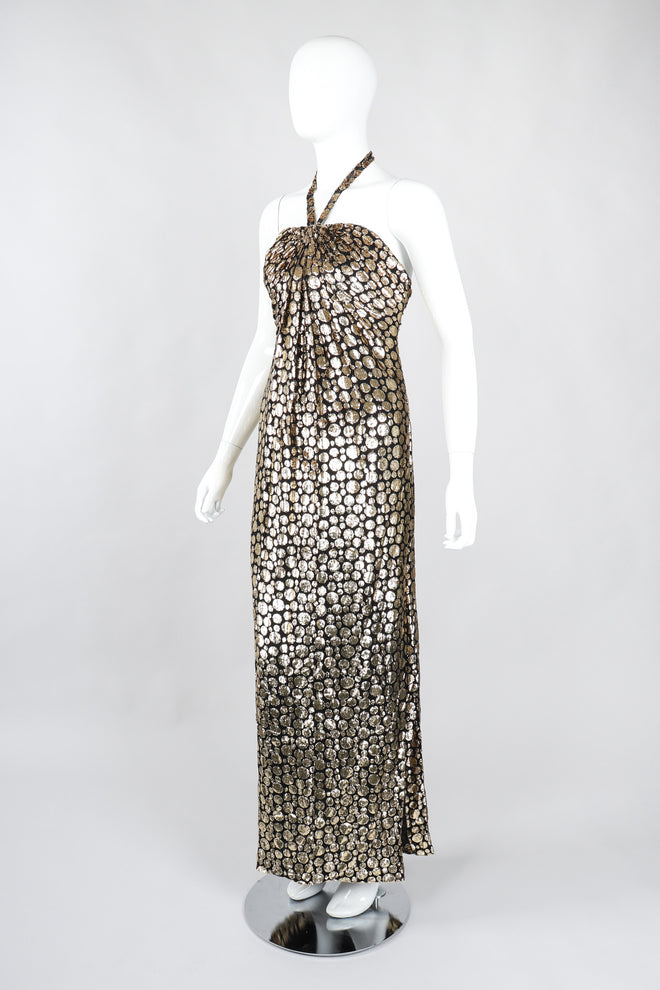 Recess Los Angeles Vintage Ruben Panis Gold Bubble Velvet Lamé Halter Gown