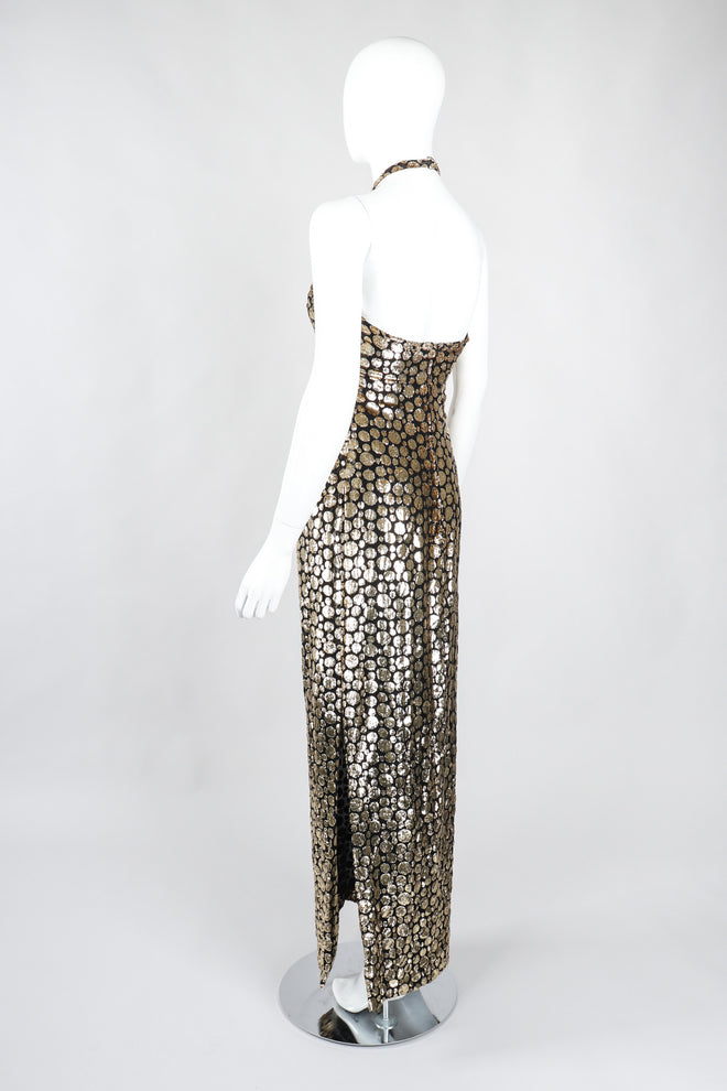 Recess Los Angeles Vintage Ruben Panis Gold Bubble Velvet Lamé Halter Gown