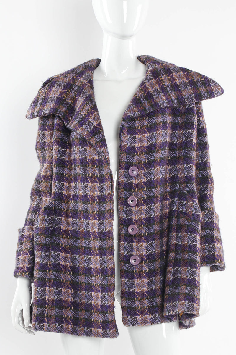 Vintage Rudi Gernreich Plaid Tartan Wool Coat mannequin front unbuttoned @ Recess Los Angeles