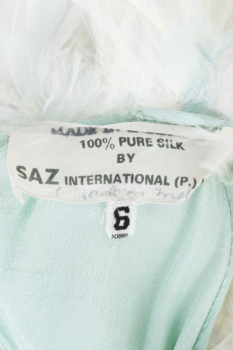 Vintage Saz International Silk Ostrich Feather Collar Dress label on fabric