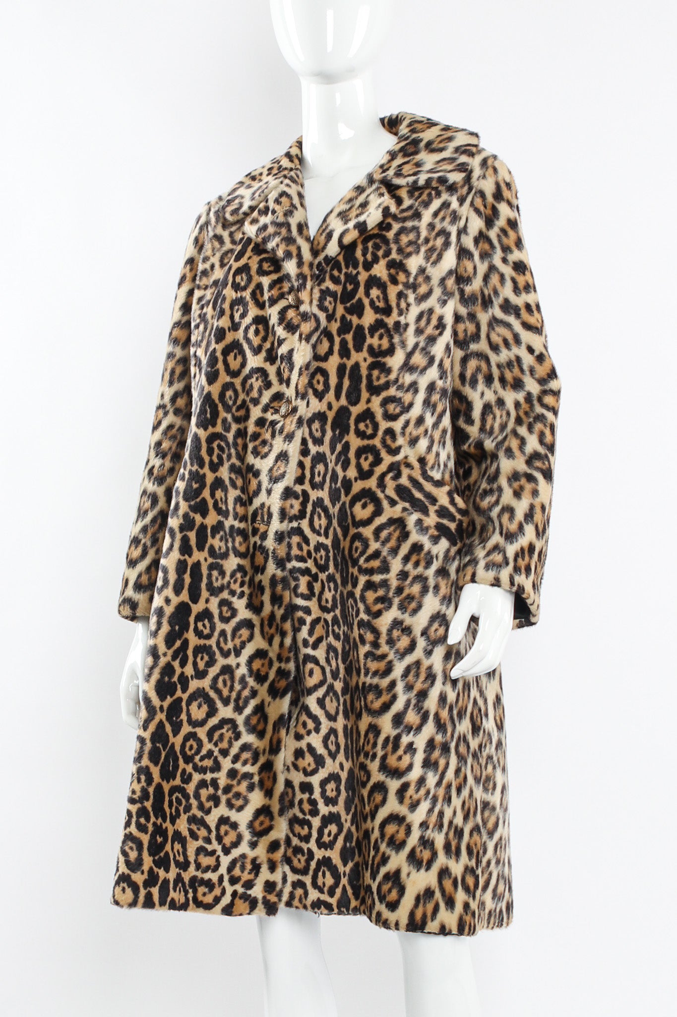 Vintage Irene Herbert for Safari Fairmoor Leopard Print Fur Coat mannequin close front @ Recess LA