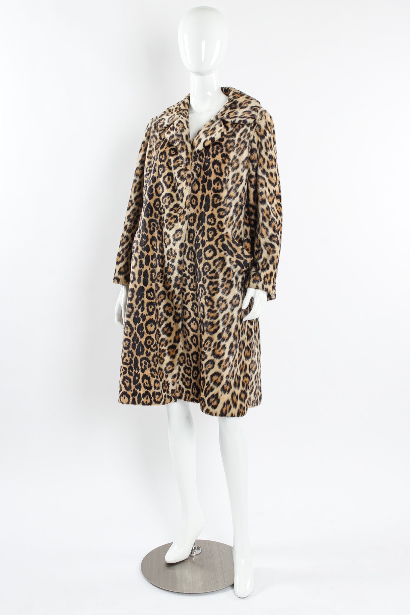 Vintage Irene Herbert for Safari Fairmoor Leopard Print Fur Coat mannequin front angle @ Recess LA