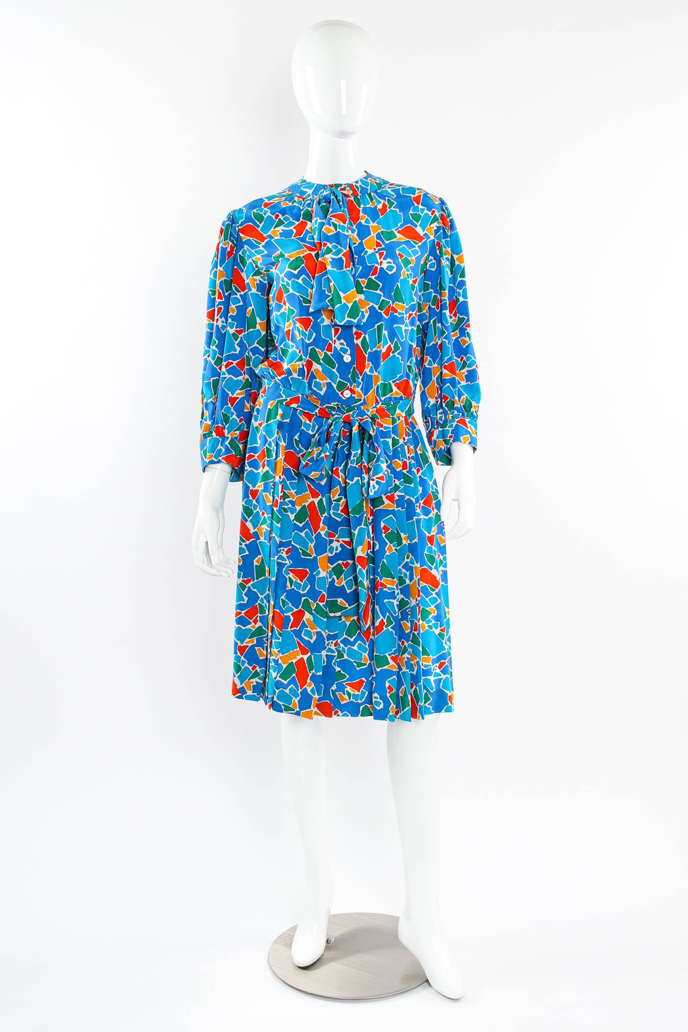 Vintage Saint Laurent Abstract Mosaic Print Dress mannequin front tied @ Recess Los Angeles