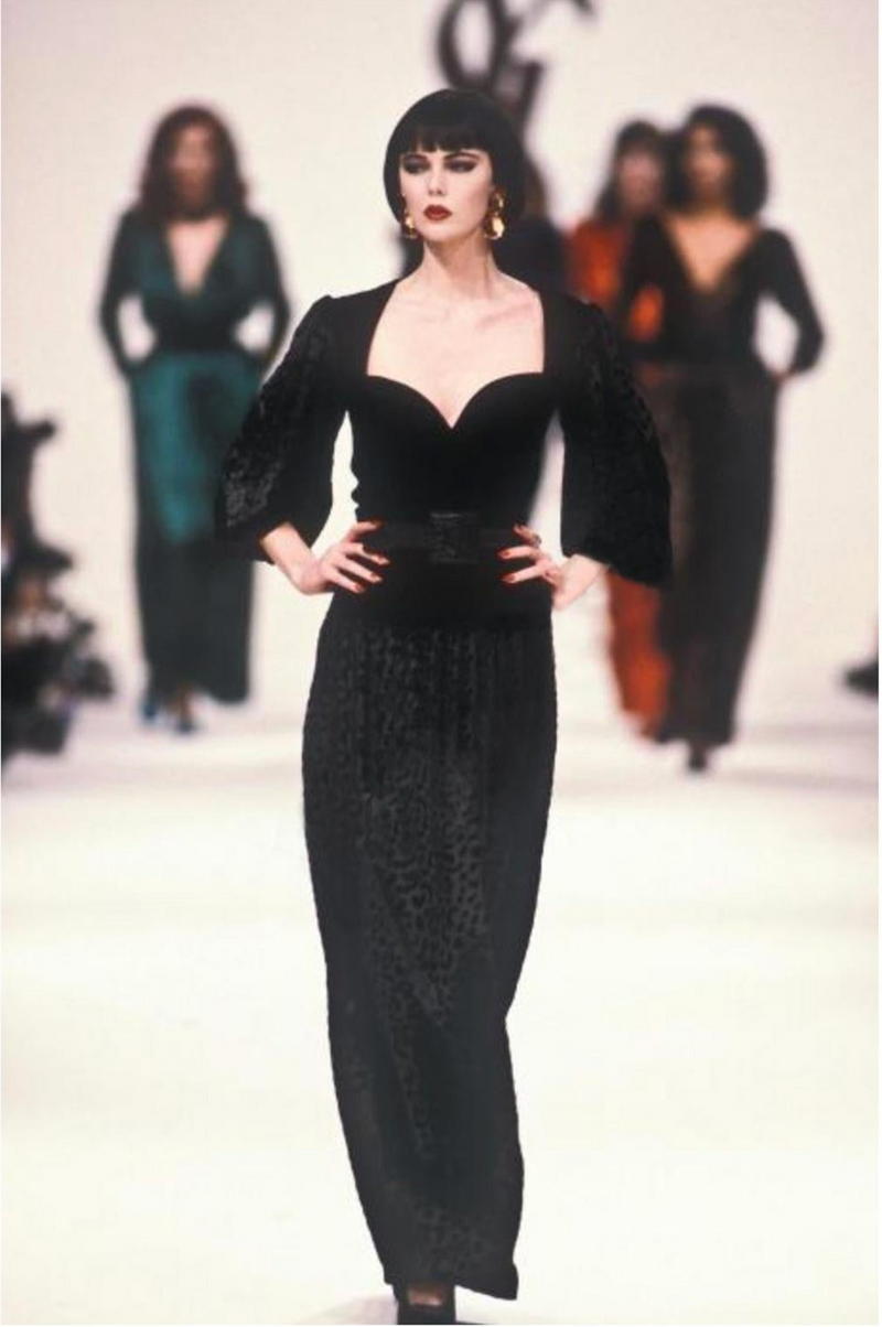 Vintage Saint Laurent Velvet Leopard Wrap Gown on black version runway model @ Recess LA