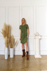 Model Miranda in Vintage Yves Saint Laurent Safari Lace-Up Dress @ Recess Los Angeles