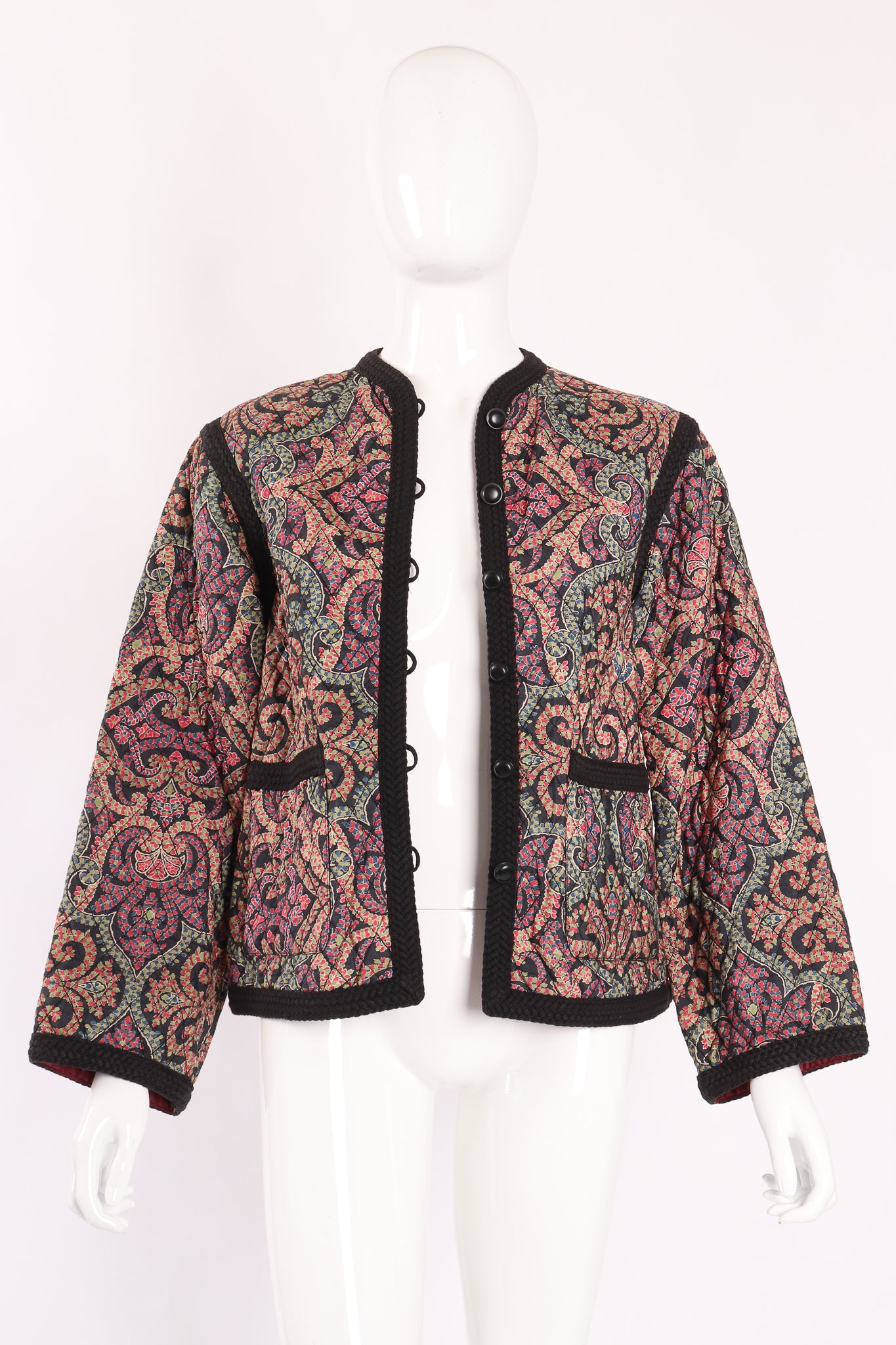 Vintage Yves Saint Laurent YSL Quilted Silk Flourish Jacket open on Mannequin crop at Recess