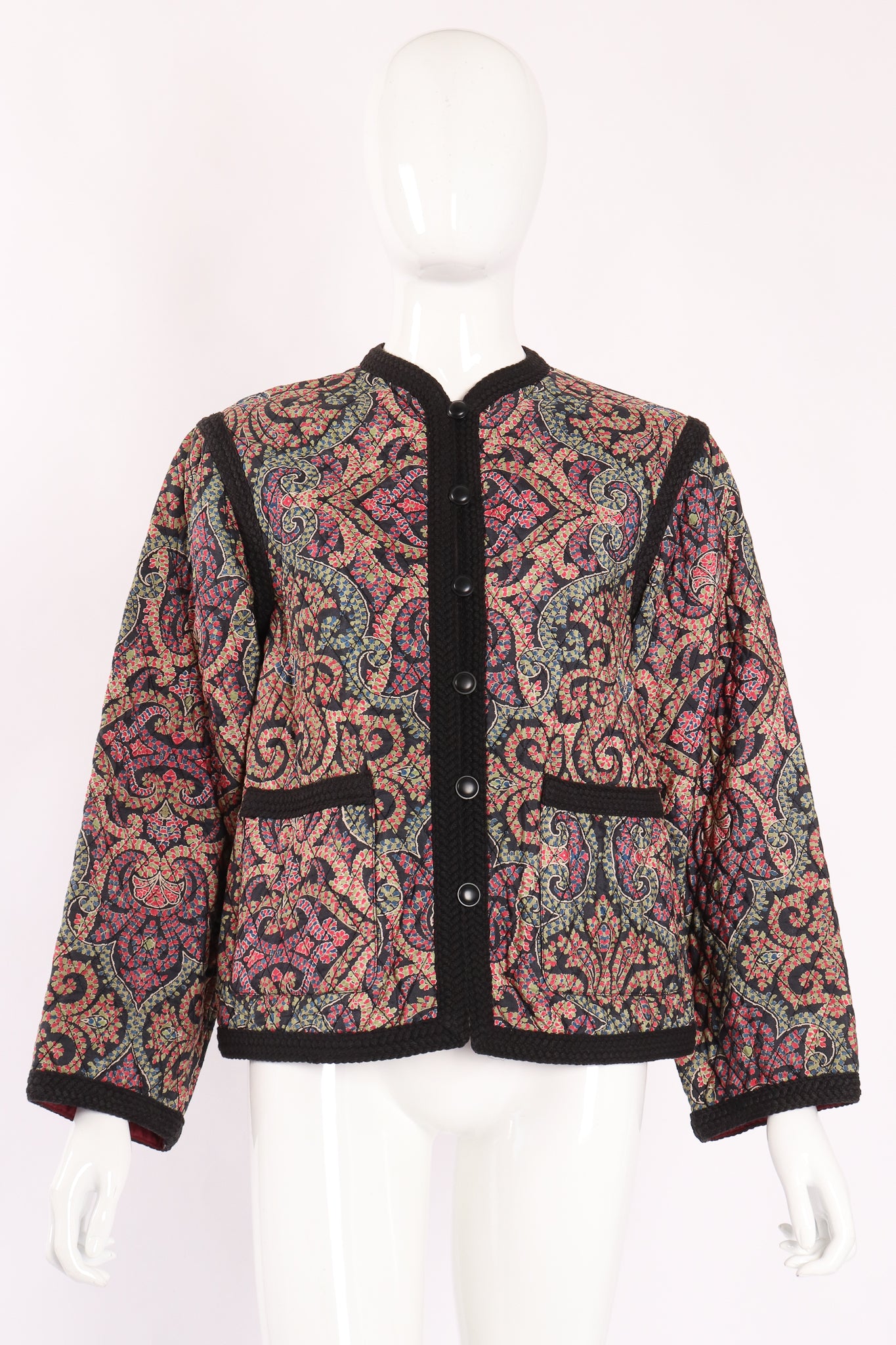 Vintage Yves Saint Laurent YSL Quilted Silk Flourish Jacket on Mannequin front at Recess LA