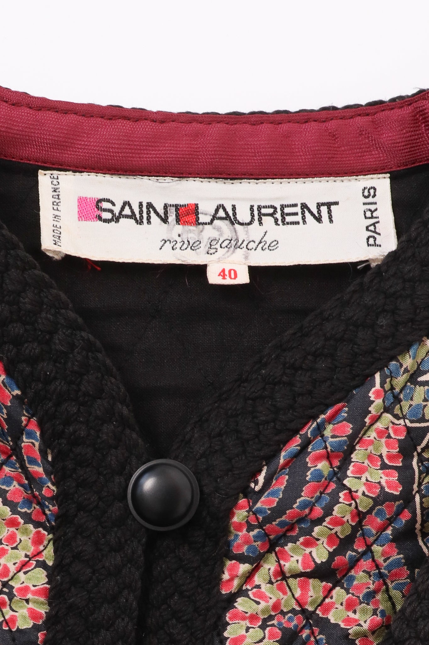 Vintage Yves Saint Laurent YSL Quilted Silk Flourish Jacket label at Recess Los Angeles