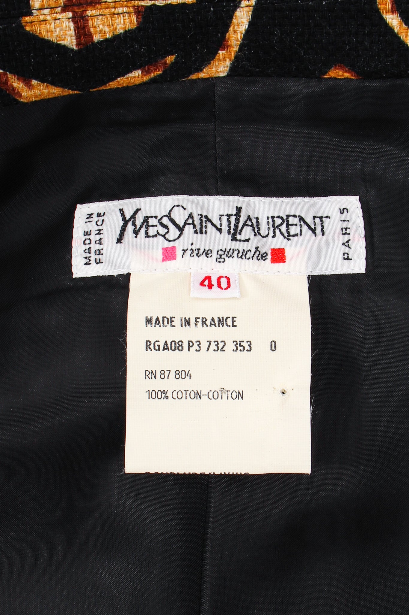 Vintage YSL Yves Saint Laurent Wax Print Safari Jacket label at Recess LA