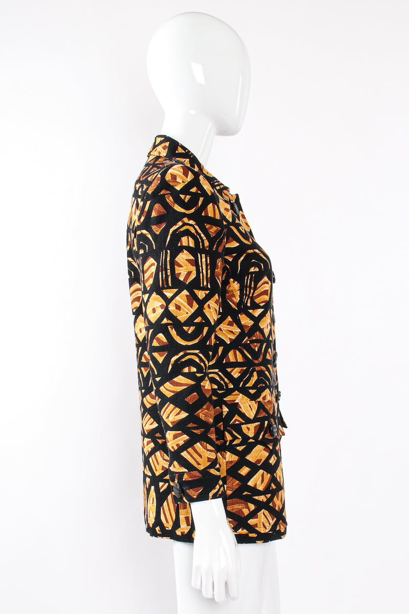 Vintage YSL Yves Saint Laurent Wax Print Safari Jacket on Mannequin side at Recess LA