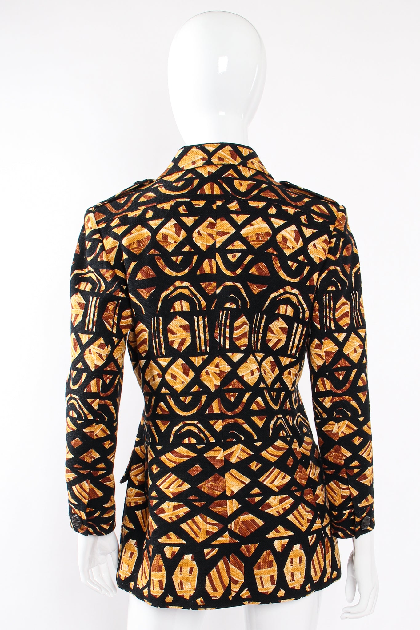 Vintage YSL Yves Saint Laurent Wax Print Safari Jacket on Mannequin back at Recess LA