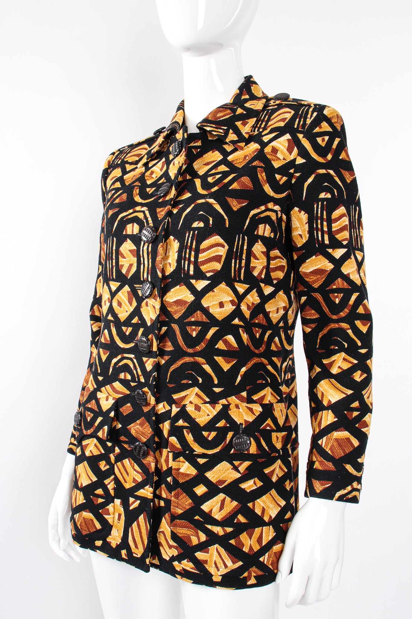 Vintage YSL Yves Saint Laurent Wax Print Safari Jacket on Mannequin angle crop at Recess LA