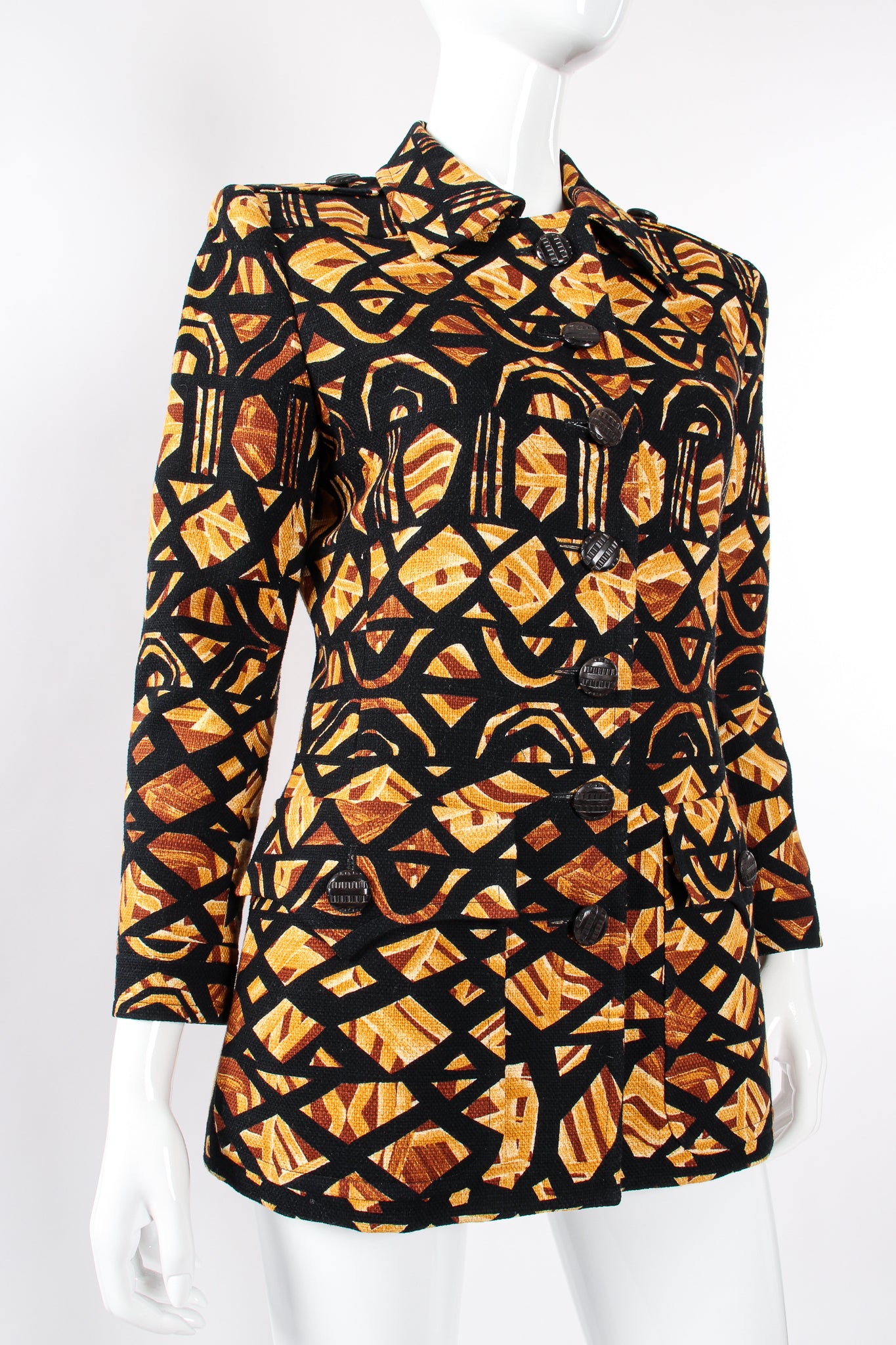 Vintage YSL Yves Saint Laurent Wax Print Safari Jacket on Mannequin front crop at Recess LA