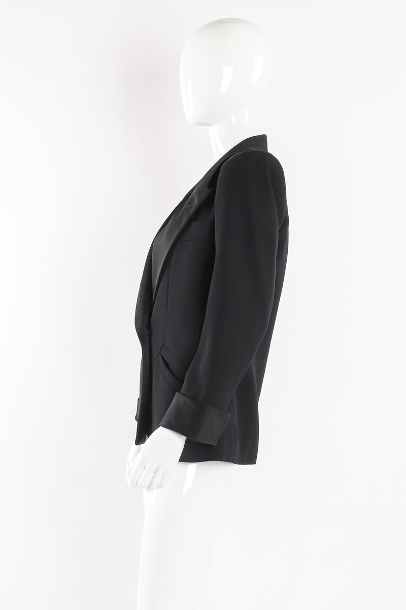 Vintage Yves Saint Laurent YSL Structured Tuxedo Le Smoking Jacket on mannequin side at Recess LA