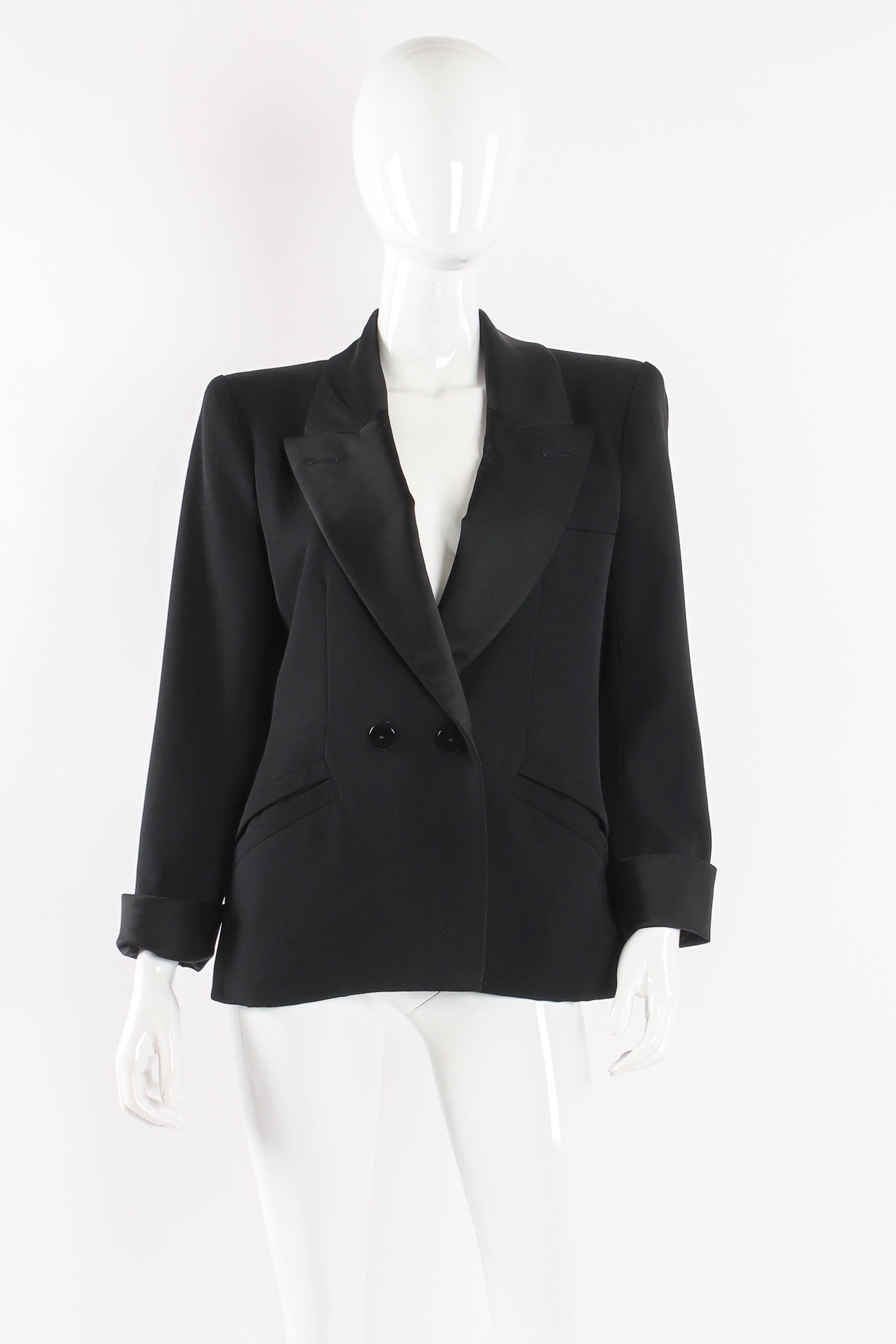 Vintage Yves Saint Laurent YSL Structured Tuxedo Le Smoking Jacket on mannequin front at Recess LA