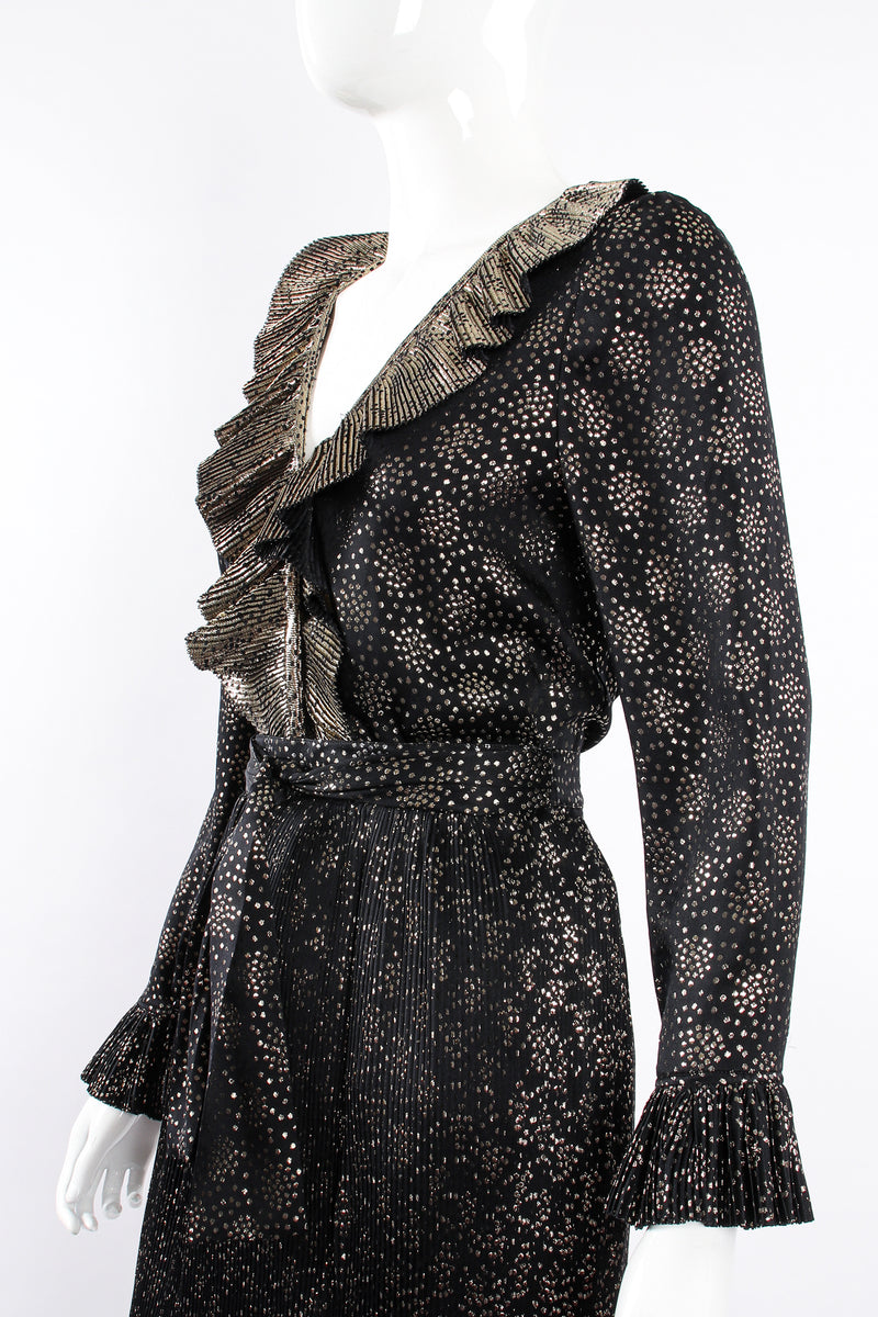 Vintage YSL Yves Saint Laurent Gold Lamé Dot Blouse & Skirt Set on Mannequin crop at Recess LA