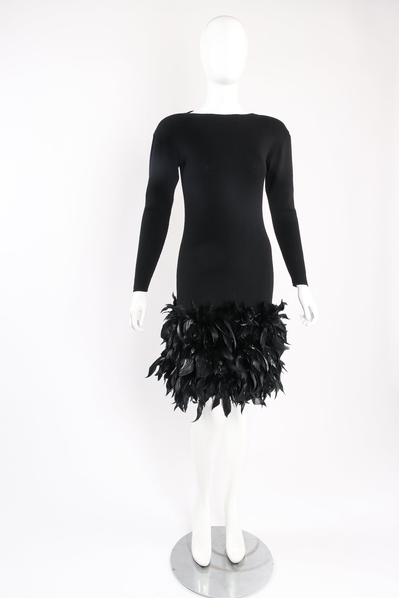 Vintage Yves Saint Laurent YSL Feather Trimmed Sweater Knit Dress on mannequin front at Recess Los Angeles