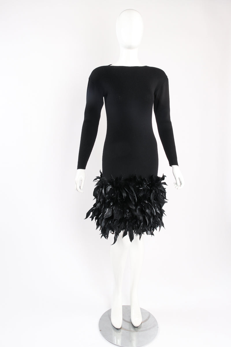 SAINT LAURENT 100% cashmere black ostrich feather trim mini sweater dress  XS