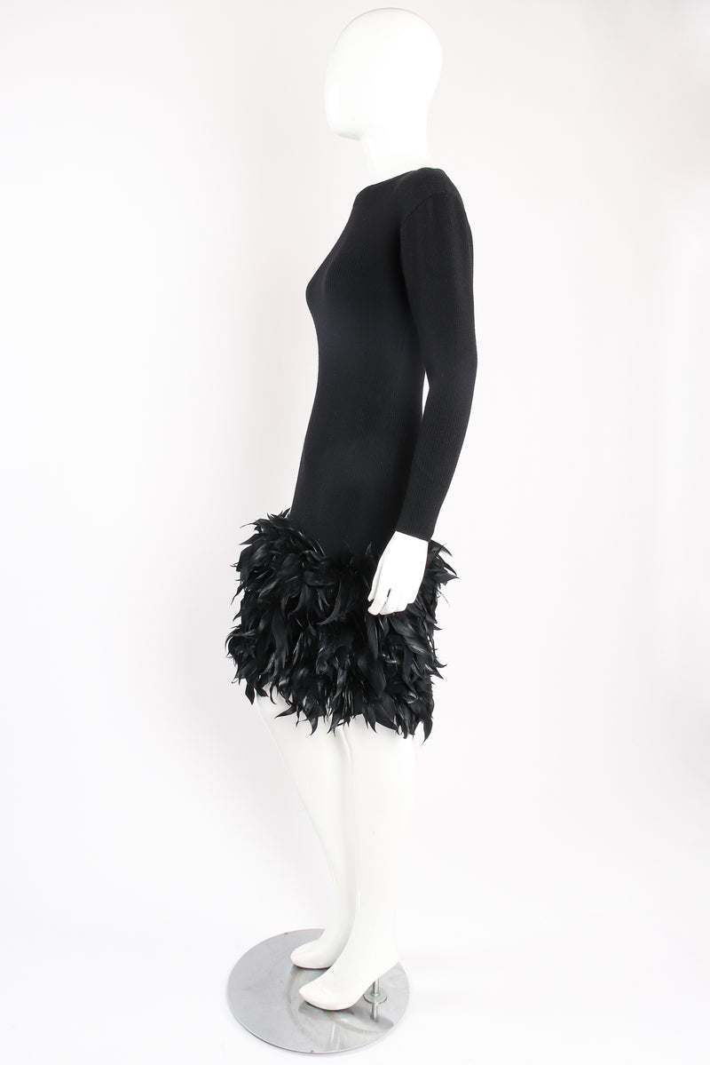 Vintage Yves Saint Laurent YSL Feather Trimmed Sweater Knit Dress on mannequin side at Recess Los Angeles