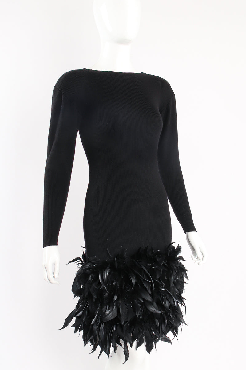 Vintage Yves Saint Laurent YSL Feather Trimmed Sweater Knit Dress on mannequin crop at Recess Los Angeles