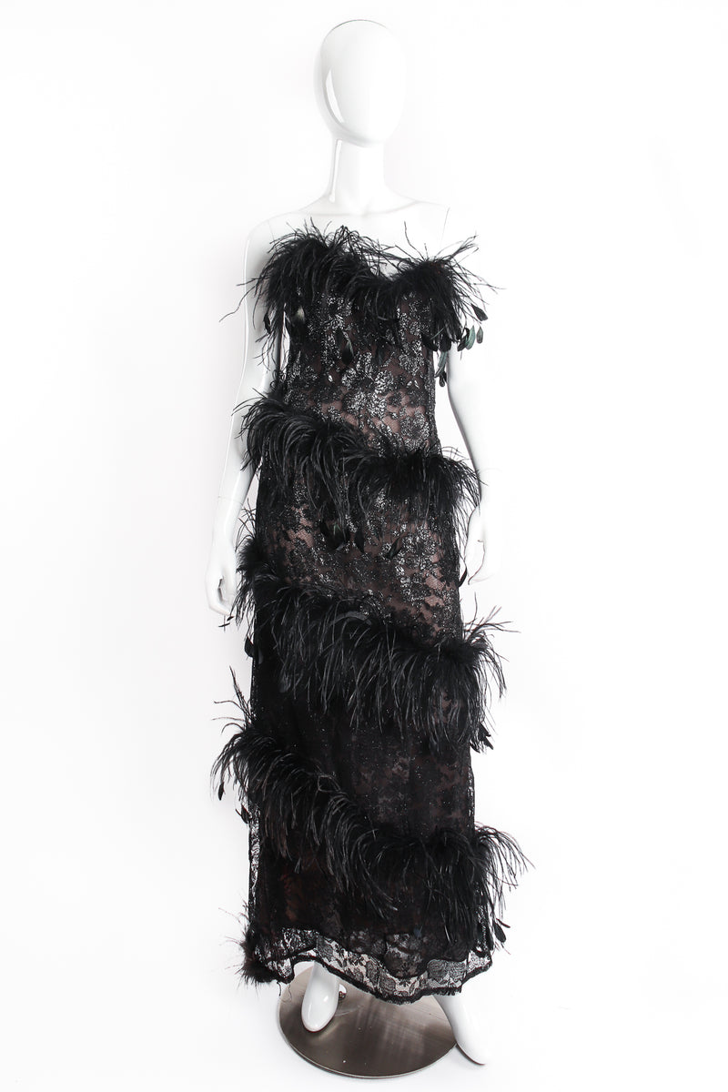 Vintage Yves Saint Laurent YSL Lace Feather Strapless Column Gown on Mannequin front at Recess LA