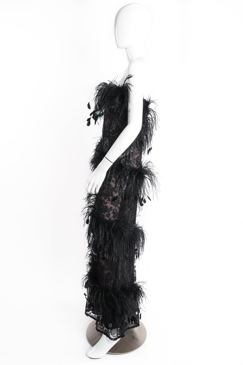 Vintage Yves Saint Laurent YSL Lace Feather Strapless Column Gown on Mannequin side at Recess LA