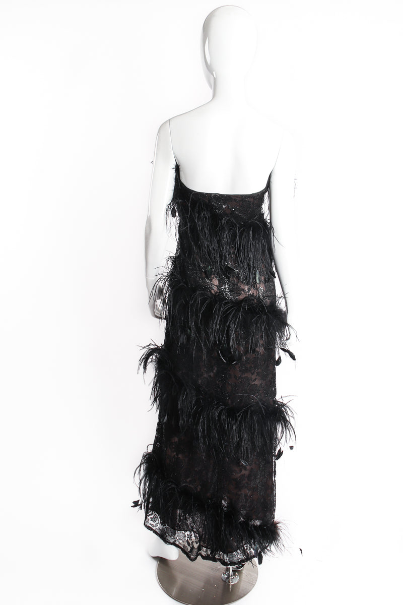 Vintage Yves Saint Laurent YSL Lace Feather Strapless Column Gown on Mannequin back at Recess LA