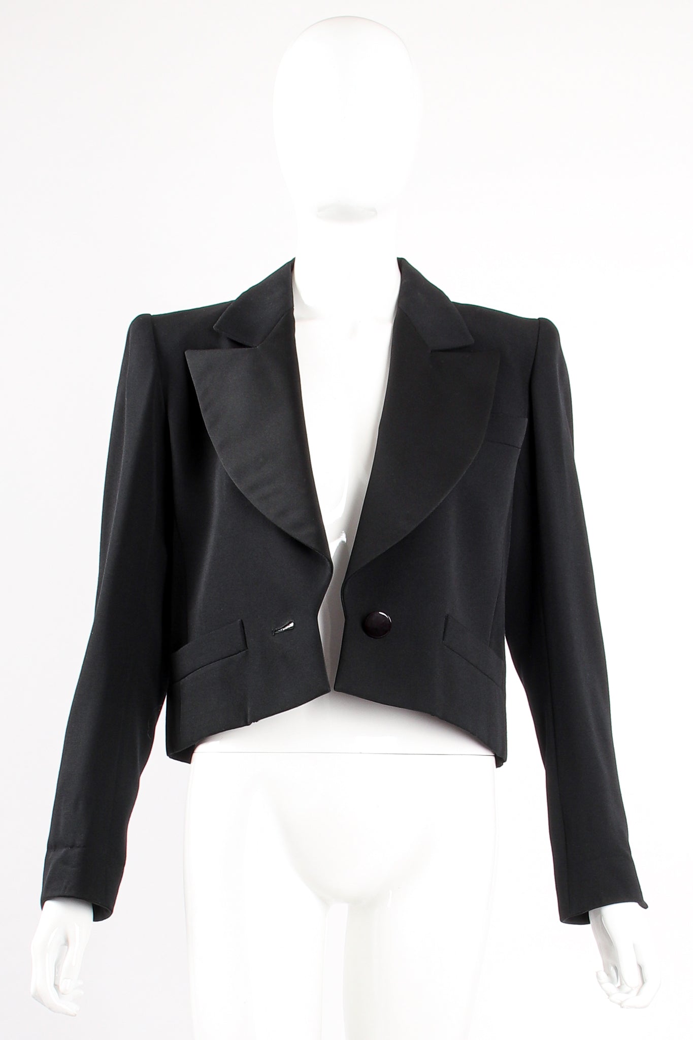 Vintage Yves Saint Laurent YSL Cropped Tuxedo Jacket on Mannequin open at Recess Los Angeles