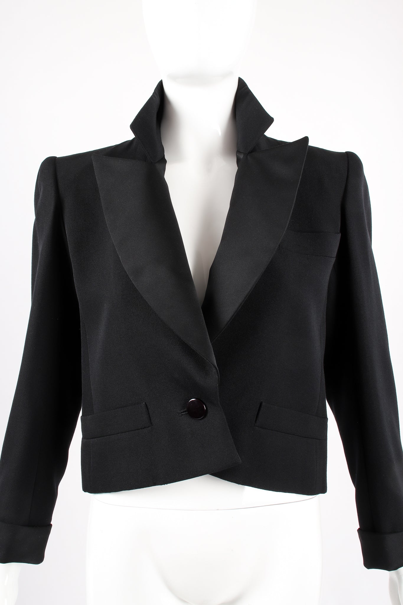 Vintage Yves Saint Laurent YSL Cropped Tuxedo Jacket on Mannequin collar at Recess Los Angeles