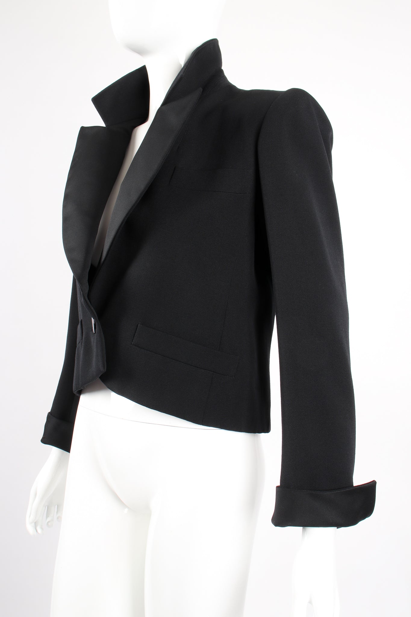 Vintage Yves Saint Laurent YSL Cropped Tuxedo Jacket on Mannequin angle at Recess Los Angeles