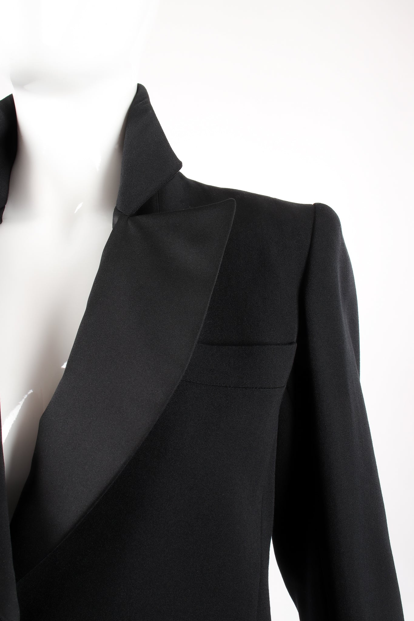 Vintage Yves Saint Laurent YSL Cropped Tuxedo Jacket on Mannequin shoulder at Recess Los Angeles